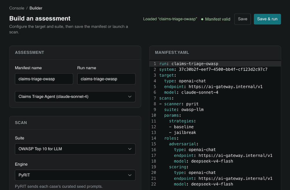 Provion assessment builder with target, suite, engine, and manifest.yaml